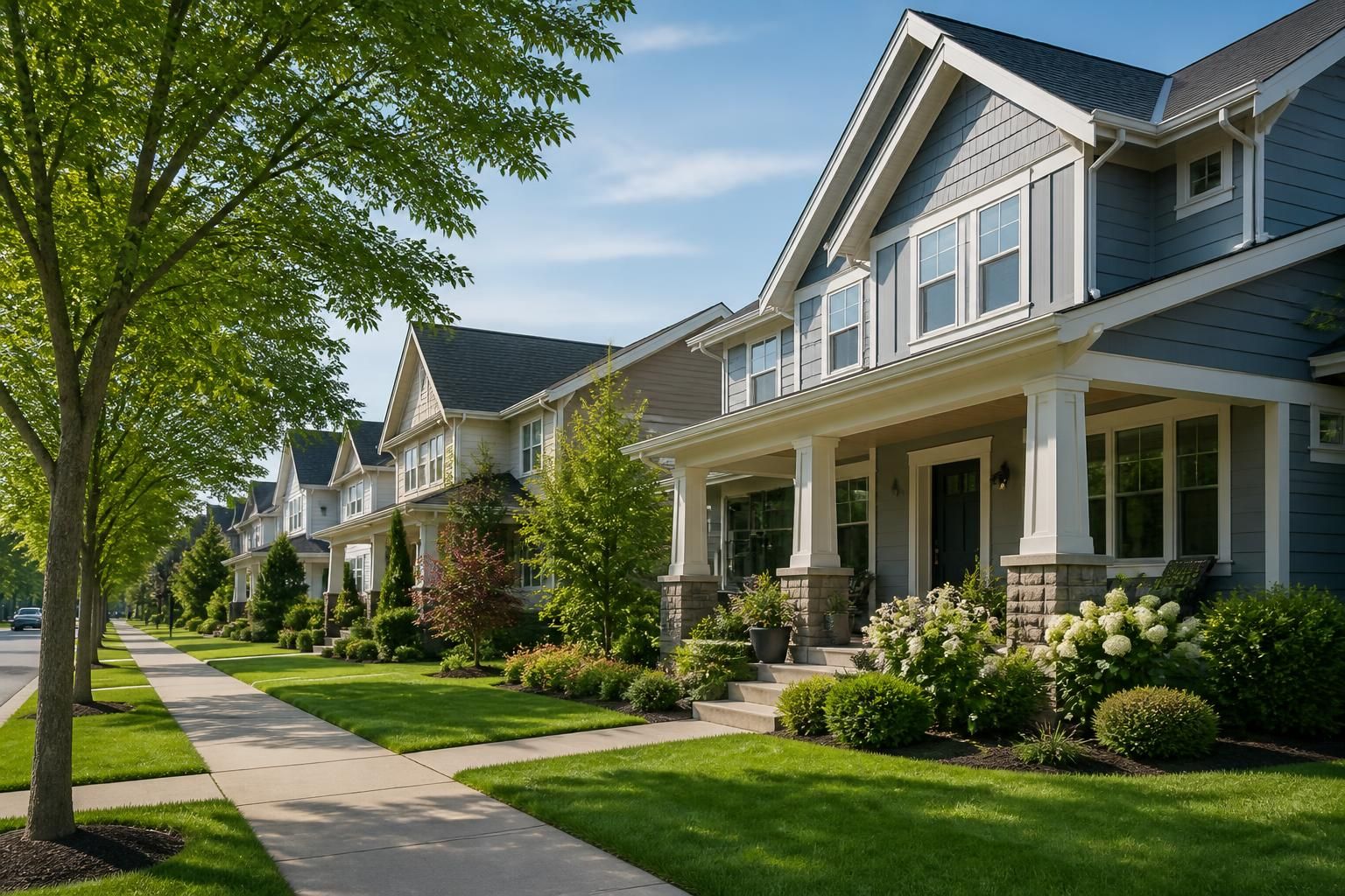 Modern neighborhood with attractive homes and manicured lawns.