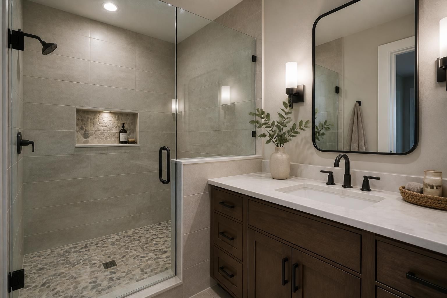 Finished bathroom remodel with walk-in shower and modern vanity.