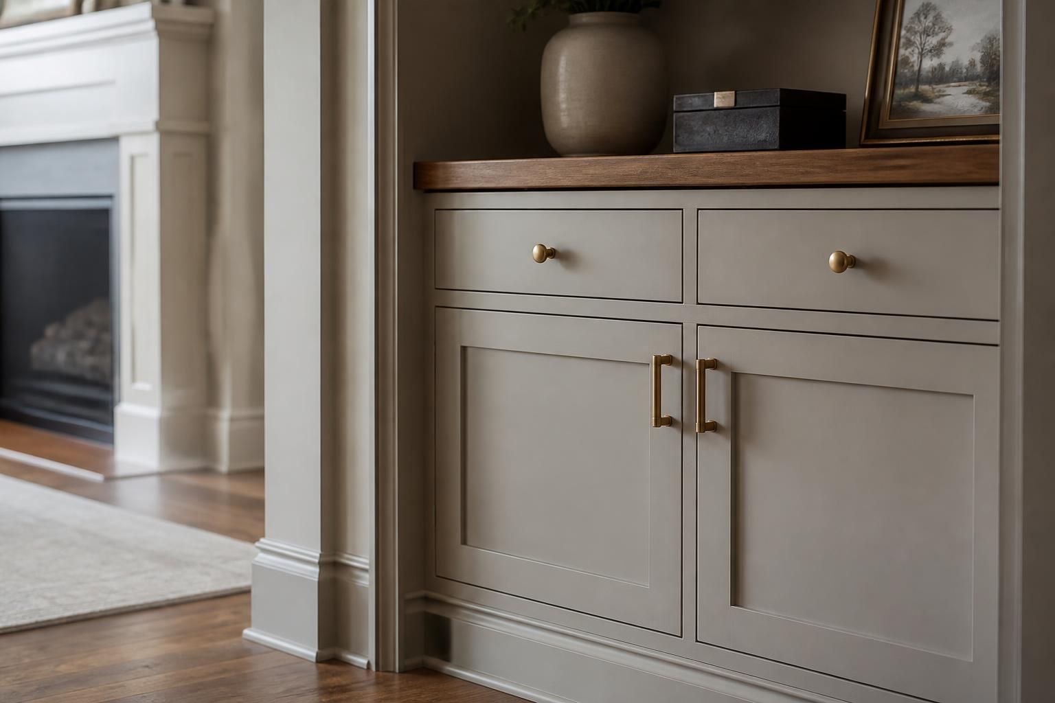 Custom built-in cabinetry with precise wood trim.