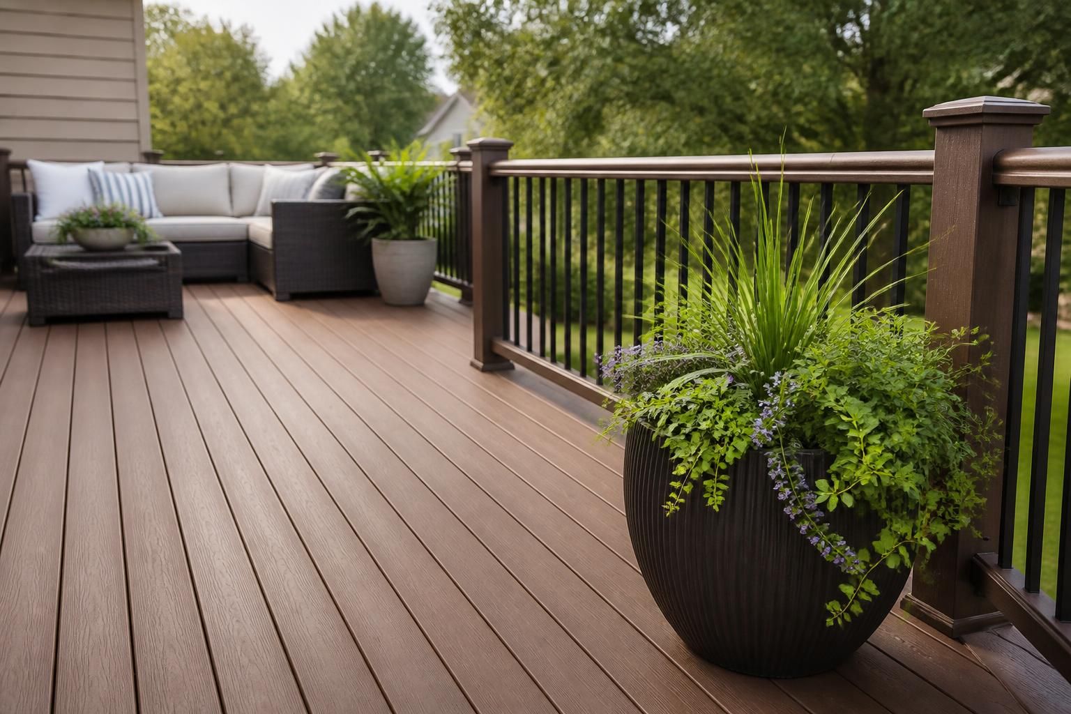 Completed backyard deck with clean railings and decking boards.
