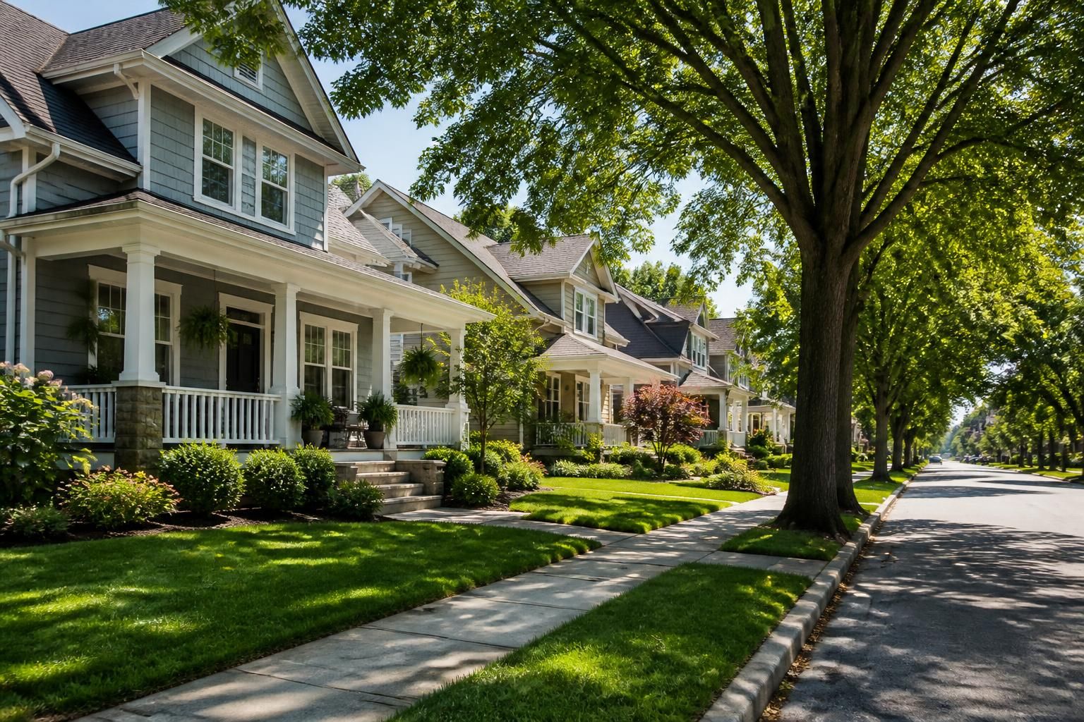 Tidy suburban homes on a peaceful tree-lined street.