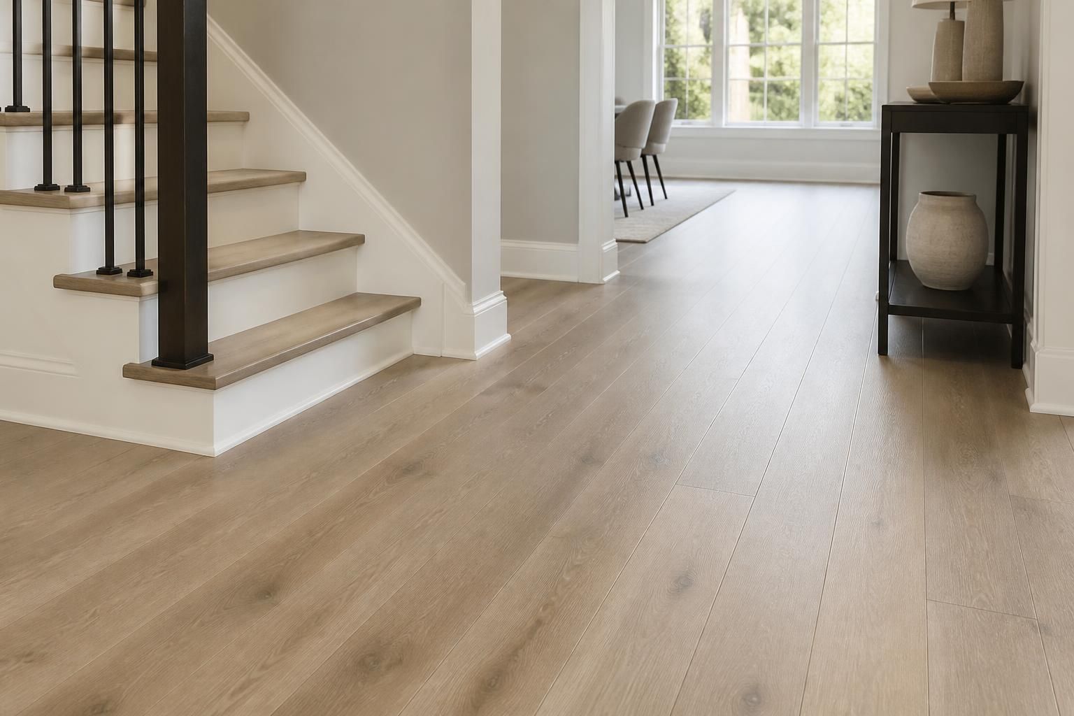 Finished flooring installation in a bright modern interior.
