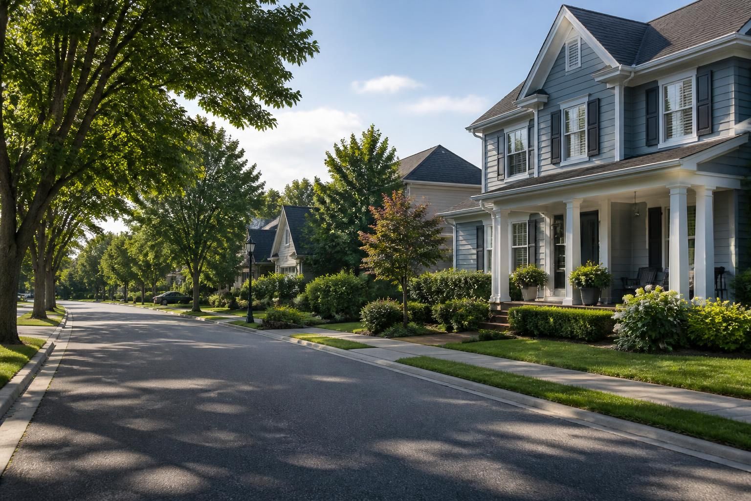 Clean residential street with mature landscaping and homes.