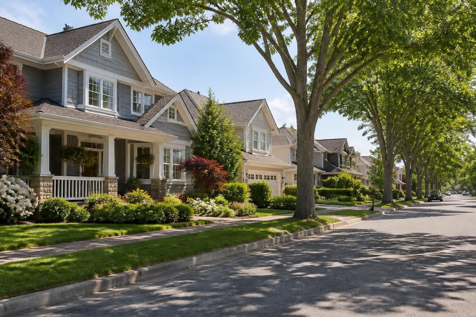 Welcoming suburban neighborhood with well-kept homes and trees.