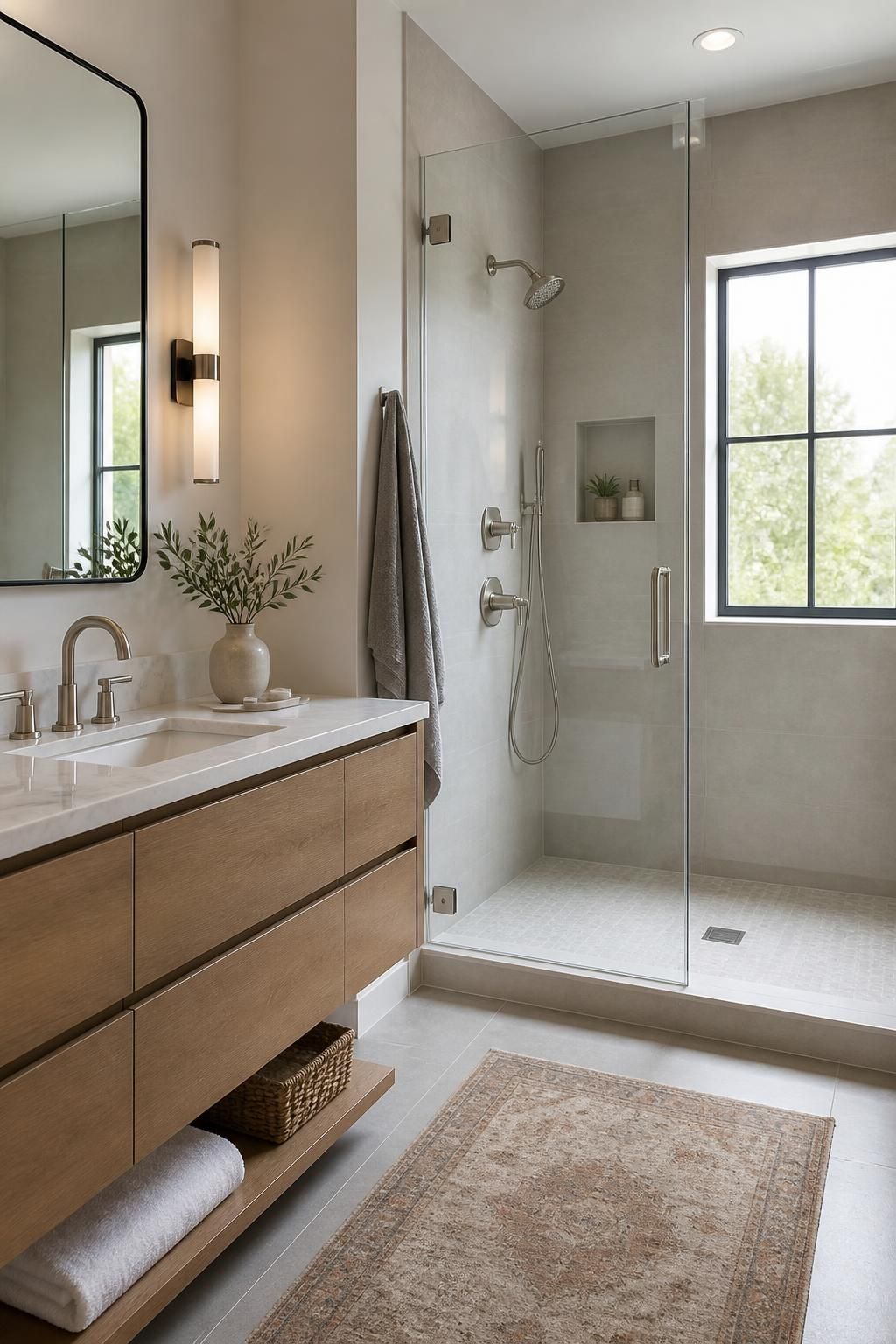 Modern bathroom with glass shower and polished fixtures.