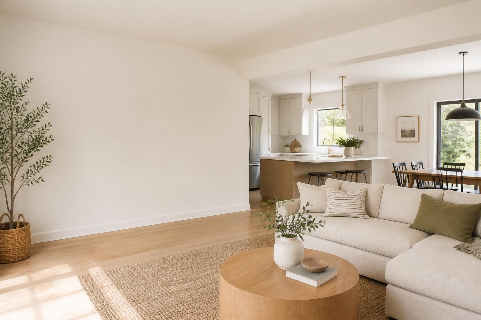 Bright finished remodeled interior with open space for text.
