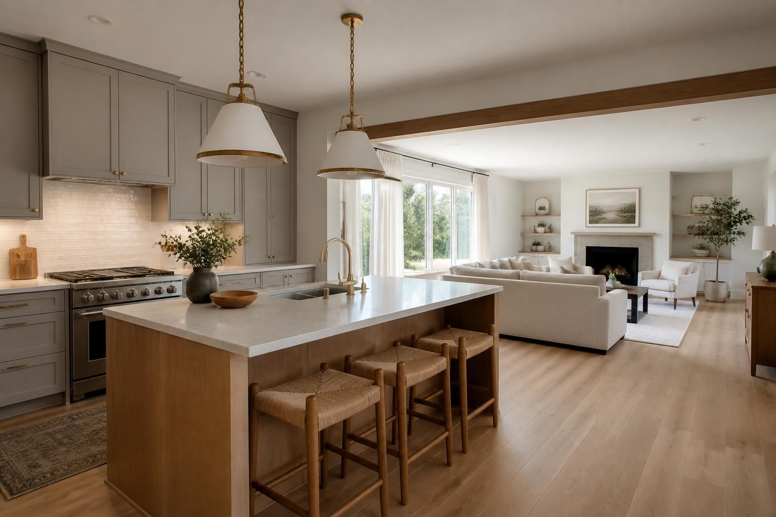 Wide view of a remodeled open-concept kitchen and living area.