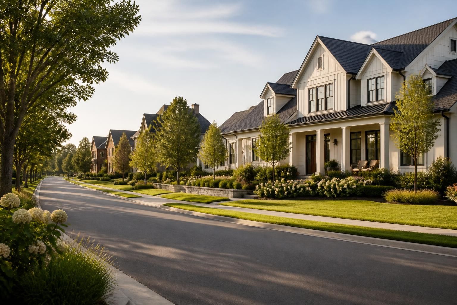 Upscale neighborhood with refined homes and soft greenery.