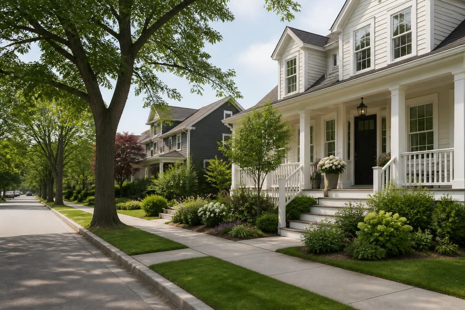 Quiet neighborhood streetscape with attractive homes and greenery.